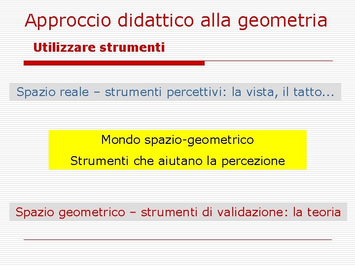 Approccio didattico alla geometria Utilizzare strumenti Spazio reale – strumenti percettivi: la vista, il