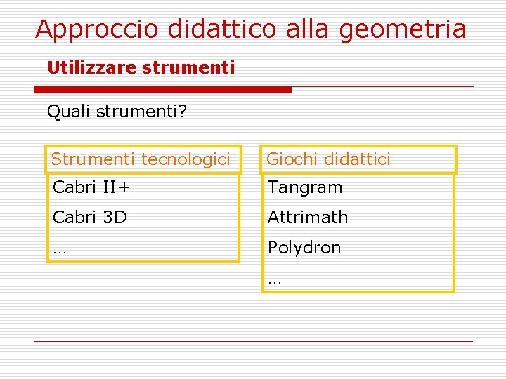 Approccio didattico alla geometria Utilizzare strumenti Quali strumenti? Strumenti tecnologici Giochi didattici Cabri II+