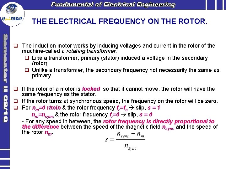 THE ELECTRICAL FREQUENCY ON THE ROTOR q The induction motor works by inducing voltages