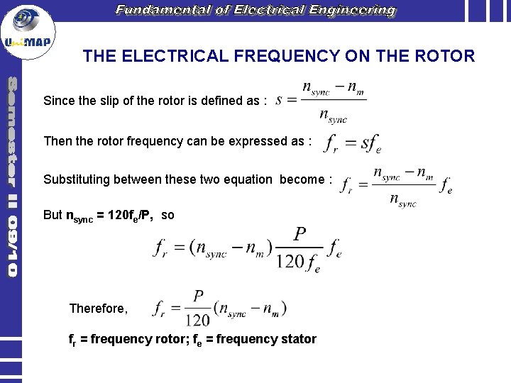 THE ELECTRICAL FREQUENCY ON THE ROTOR Since the slip of the rotor is defined