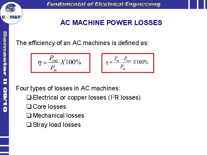 AC MACHINE POWER LOSSES The efficiency of an AC machines is defined as: Four