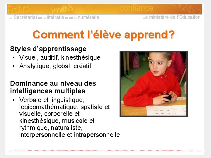 Comment l’élève apprend? Styles d’apprentissage • Visuel, auditif, kinesthésique • Analytique, global, créatif Dominance