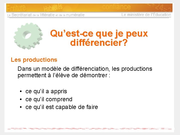 Qu’est-ce que je peux différencier? Les productions Dans un modèle de différenciation, les productions