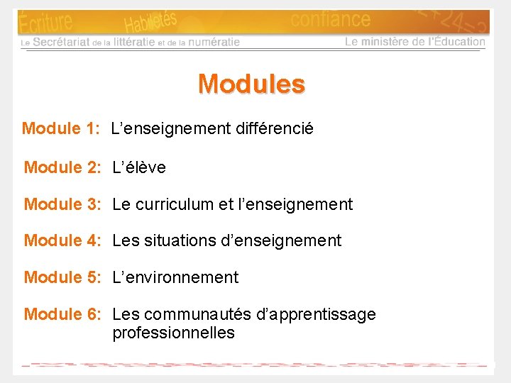 Modules Module 1: L’enseignement différencié Module 2: L’élève Module 3: Le curriculum et l’enseignement