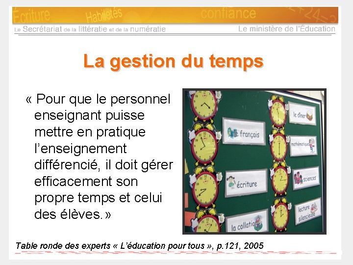 La gestion du temps « Pour que le personnel enseignant puisse mettre en pratique