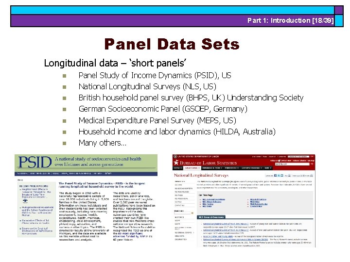 Part 1: Introduction [18/39] Panel Data Sets Longitudinal data – ‘short panels’ n n