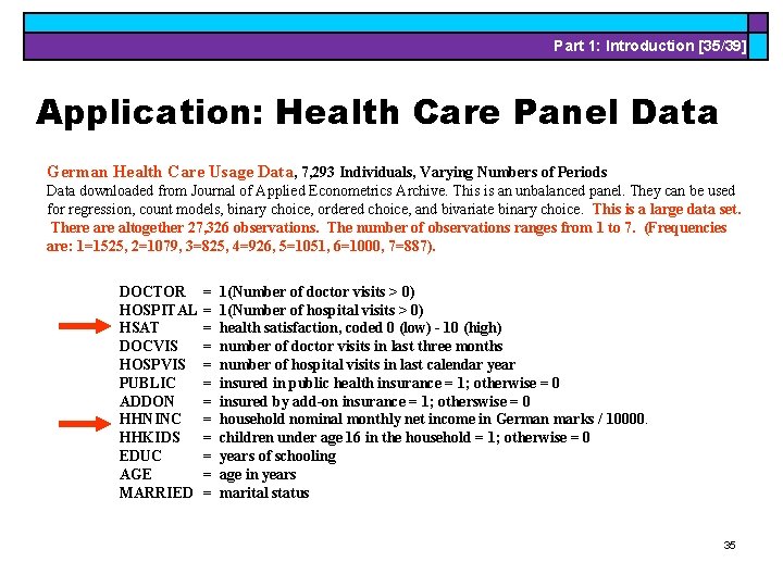 Part 1: Introduction [35/39] Application: Health Care Panel Data German Health Care Usage Data,