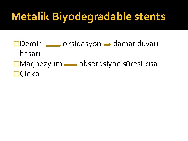 Metalik Biyodegradable stents �Demir oksidasyon damar duvarı hasarı �Magnezyum absorbsiyon süresi kısa �Çinko 