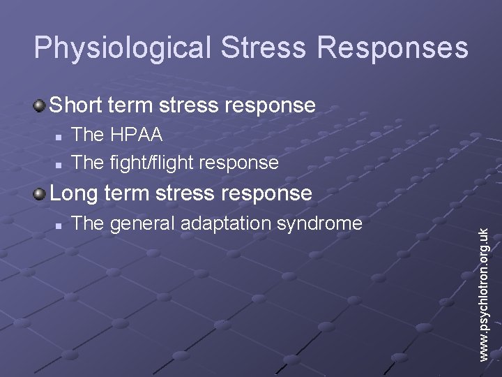 Physiological Stress Responses Short term stress response n n The HPAA The fight/flight response