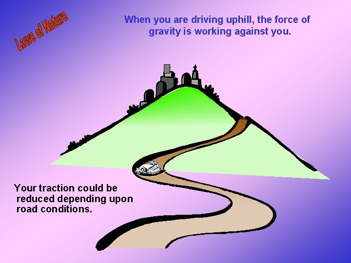 When you are driving uphill, the force of gravity is working against you. Your When you are driving uphill, the force of gravity is working against you. Your
