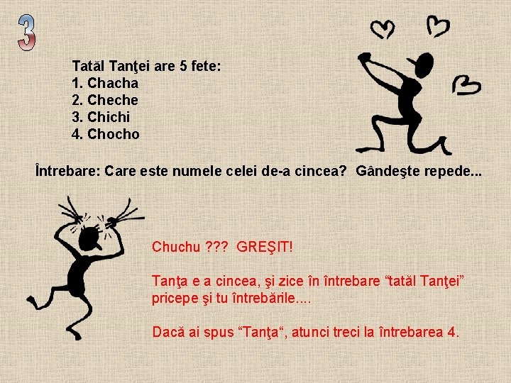 Tatăl Tanţei are 5 fete: 1. Chacha 2. Cheche 3. Chichi 4. Chocho Întrebare: Tatăl Tanţei are 5 fete: 1. Chacha 2. Cheche 3. Chichi 4. Chocho Întrebare: