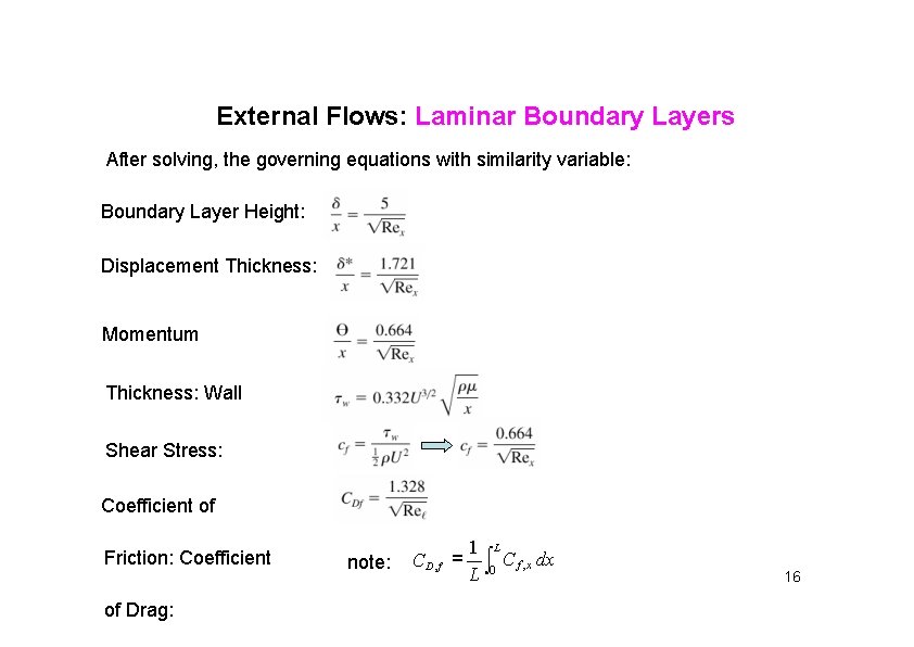 External Flows: Laminar Boundary Layers After solving, the governing equations with similarity variable: Boundary