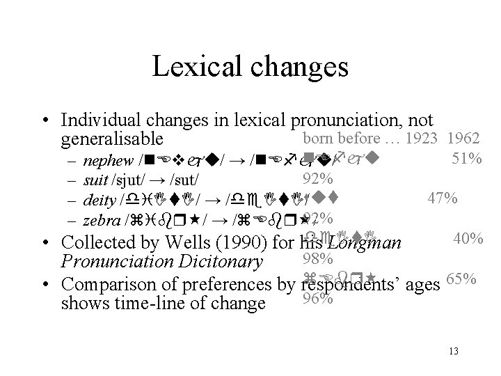 Lexical changes • Individual changes in lexical pronunciation, not born before … 1923 1962