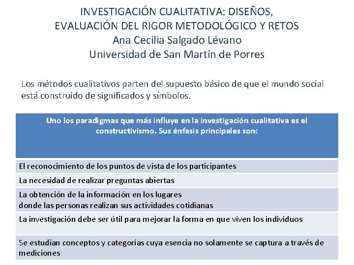 INVESTIGACIÓN CUALITATIVA: DISEÑOS, EVALUACIÓN DEL RIGOR METODOLÓGICO Y RETOS Ana Cecilia Salgado Lévano Universidad