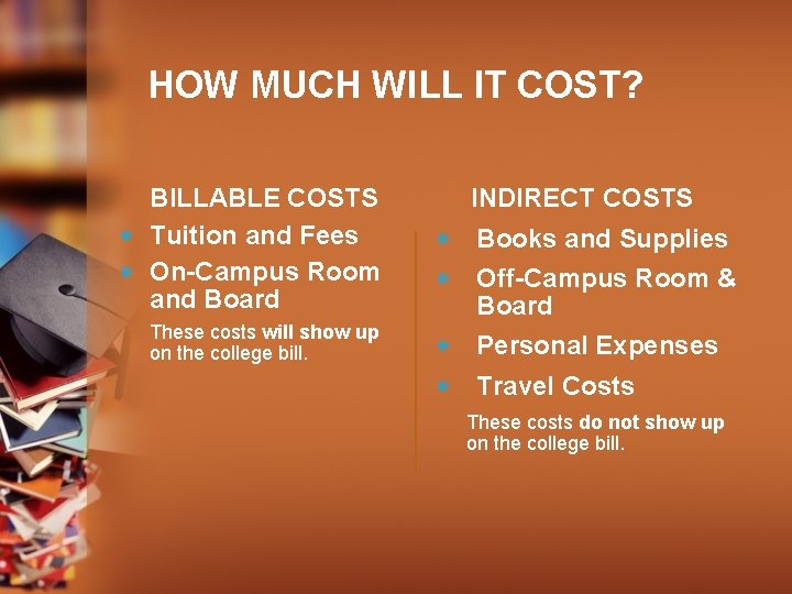 HOW MUCH WILL IT COST? BILLABLE COSTS ◉ Tuition and Fees ◉ On-Campus Room