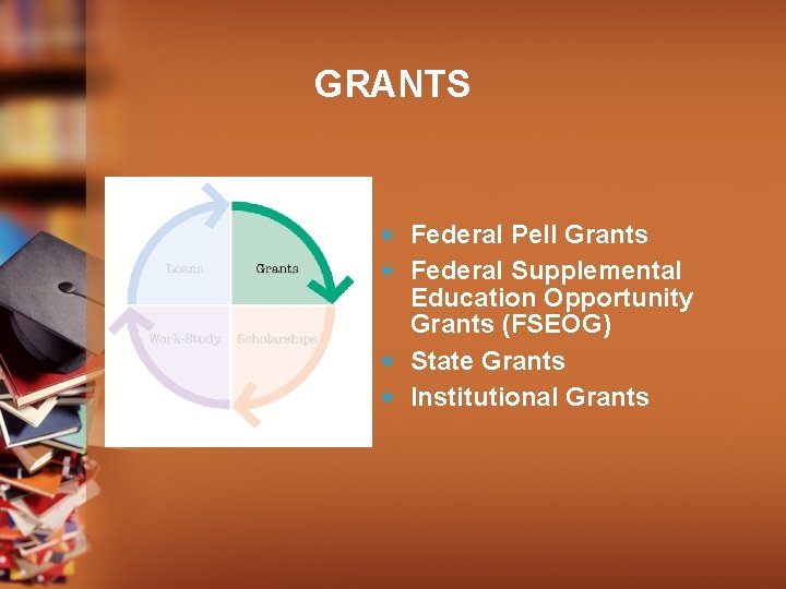 GRANTS ◉ Federal Pell Grants ◉ Federal Supplemental Education Opportunity Grants (FSEOG) ◉ State