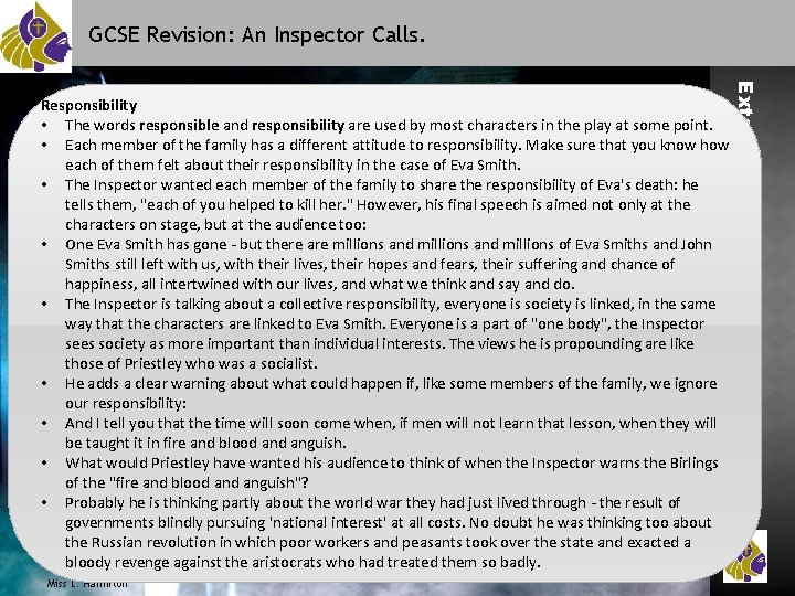 GCSE Revision: An Inspector Calls. Miss L. Hamilton Extend your Learning @ Bishop Justus