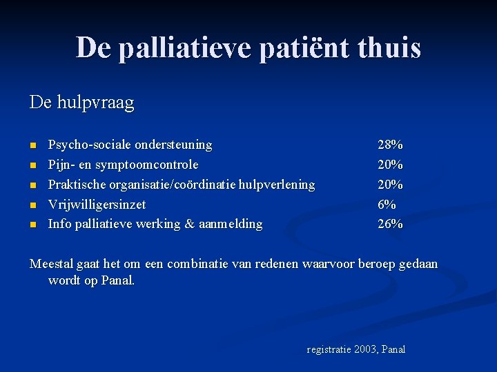 De palliatieve patiënt thuis De hulpvraag n n n Psycho-sociale ondersteuning Pijn- en symptoomcontrole