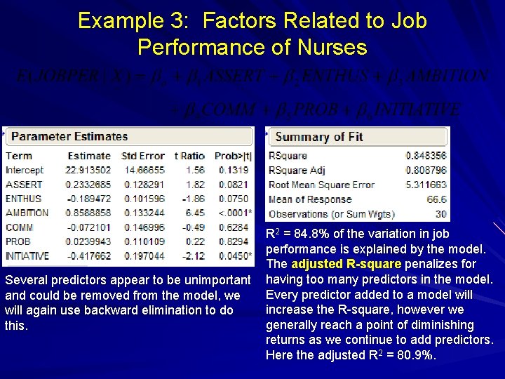 Example 3: Factors Related to Job Performance of Nurses Several predictors appear to be