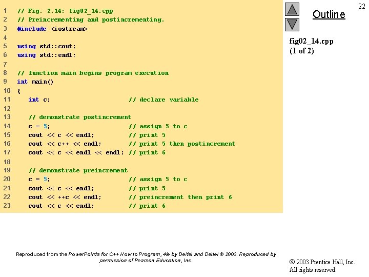 1 2 3 // Fig. 2. 14: fig 02_14. cpp // Preincrementing and postincrementing.