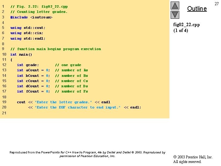 1 2 3 // Fig. 2. 22: fig 02_22. cpp // Counting letter grades.