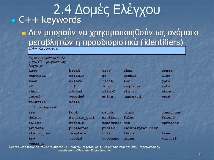 n 2. 4 Δομές Ελέγχου C++ keywords n Δεν μπορούν να χρησιμοποιηθούν ως ονόματα