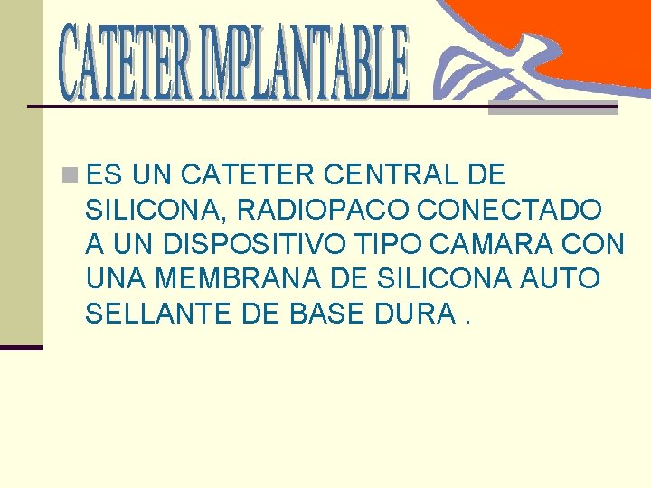 n ES UN CATETER CENTRAL DE SILICONA, RADIOPACO CONECTADO A UN DISPOSITIVO TIPO CAMARA