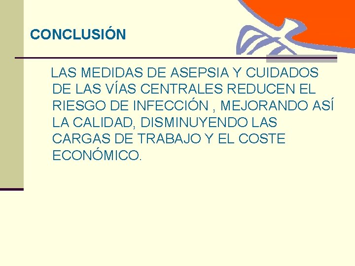 CONCLUSIÓN LAS MEDIDAS DE ASEPSIA Y CUIDADOS DE LAS VÍAS CENTRALES REDUCEN EL RIESGO