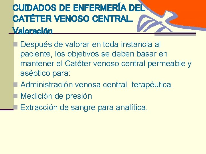 CUIDADOS DE ENFERMERÍA DEL CATÉTER VENOSO CENTRAL. Valoración n Después de valorar en toda