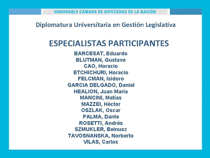 Diplomatura Universitaria en Gestión Legislativa ESPECIALISTAS PARTICIPANTES BARCESAT, Eduardo BLUTMAN, Gustavo CAO, Horacio ETCHICHURI,