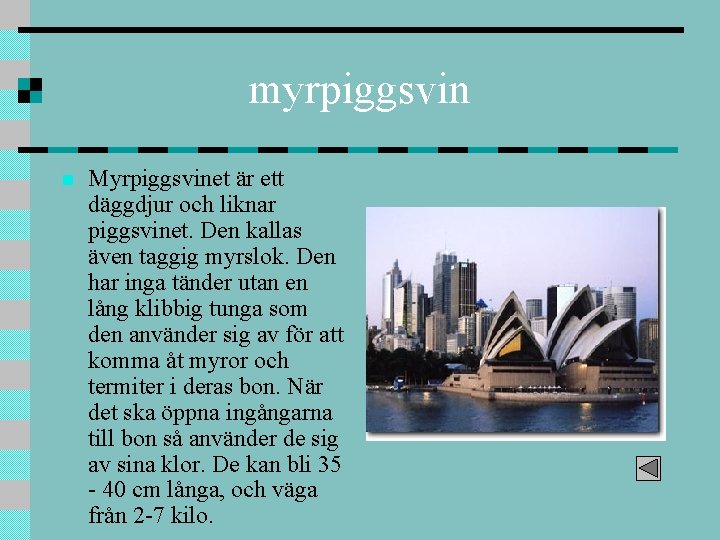 myrpiggsvin n Myrpiggsvinet är ett däggdjur och liknar piggsvinet. Den kallas även taggig myrslok.