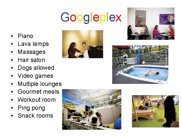 Googleplex • • • Piano Lava lamps Massages Hair salon Dogs allowed Video games