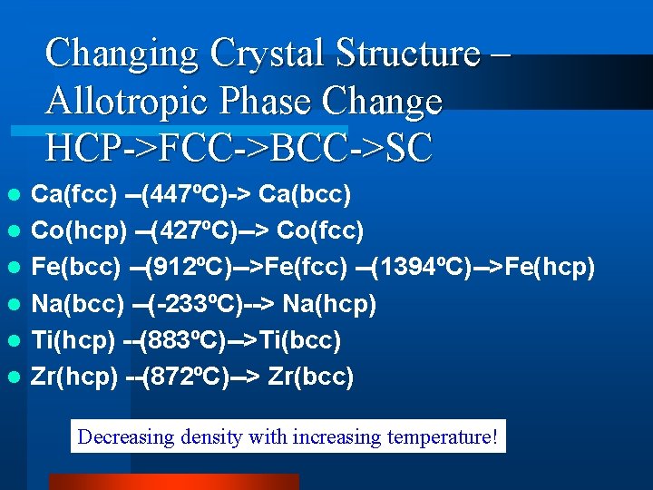 Changing Crystal Structure – Allotropic Phase Change HCP->FCC->BCC->SC l l l Ca(fcc) --(447ºC)-> Ca(bcc)