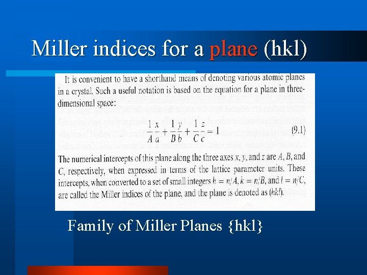 Miller indices for a plane (hkl) Family of Miller Planes {hkl} 