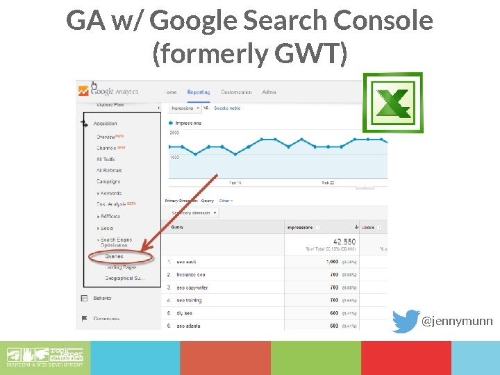 GA w/ Google Search Console (formerly GWT) @jennymunn 