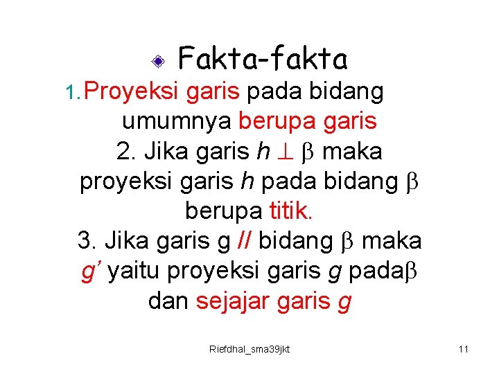 Fakta-fakta 1. Proyeksi garis pada bidang umumnya berupa garis 2. Jika garis h maka