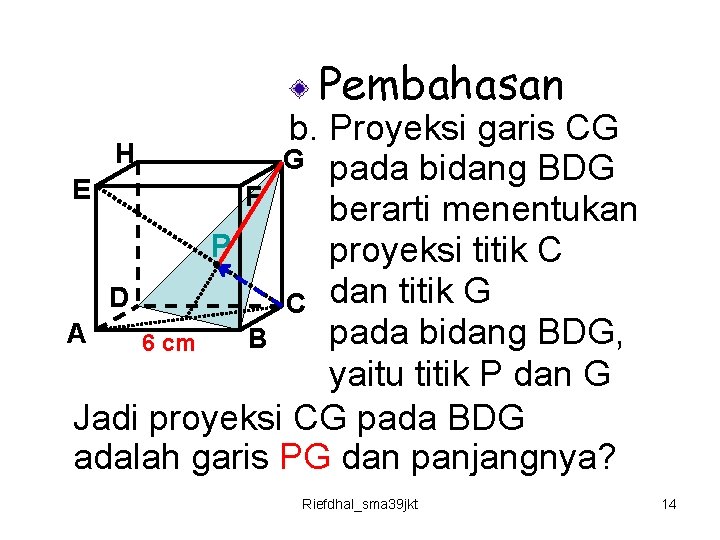 Pembahasan b. Proyeksi garis CG H G pada bidang BDG E F berarti menentukan