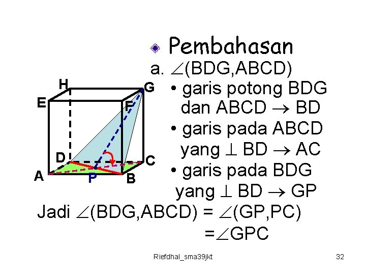 Pembahasan a. (BDG, ABCD) H G • garis potong BDG E F dan ABCD