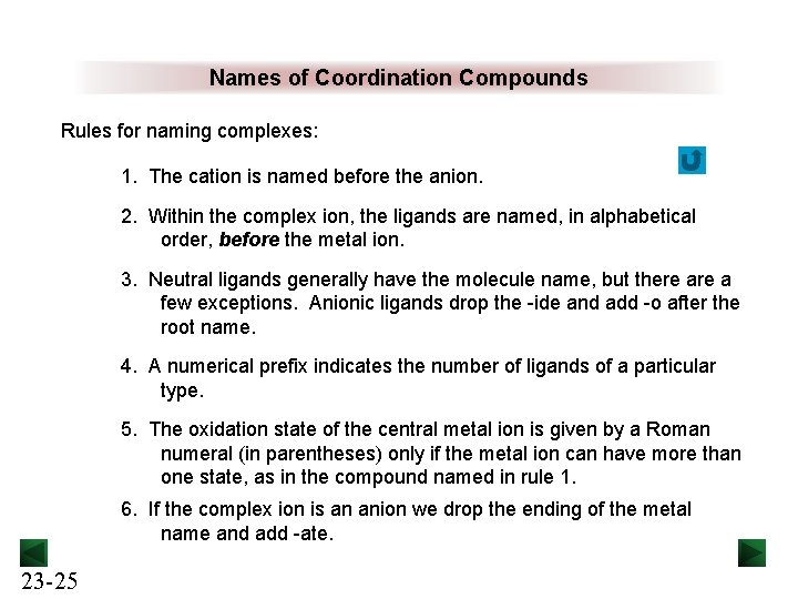 Names of Coordination Compounds Rules for naming complexes: 1. The cation is named before