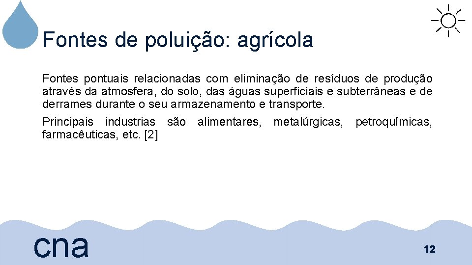 Fontes de poluição: agrícola Fontes pontuais relacionadas com eliminação de resíduos de produção através