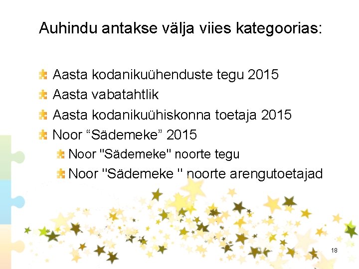 Auhindu antakse välja viies kategoorias: Aasta kodanikuühenduste tegu 2015 Aasta vabatahtlik Aasta kodanikuühiskonna toetaja