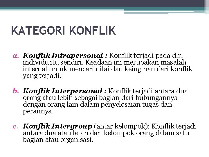 KATEGORI KONFLIK a. Konflik Intrapersonal : Konflik terjadi pada diri individu itu sendiri. Keadaan