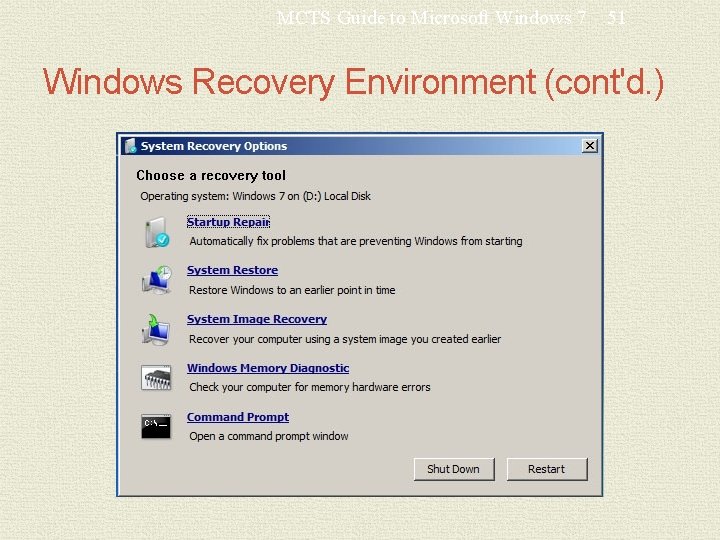 MCTS Guide to Microsoft Windows 7 51 Windows Recovery Environment (cont'd. ) 