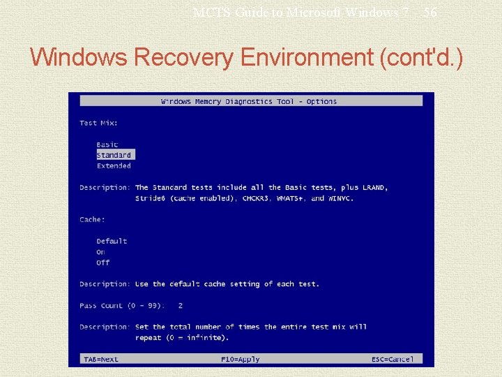 MCTS Guide to Microsoft Windows 7 56 Windows Recovery Environment (cont'd. ) 