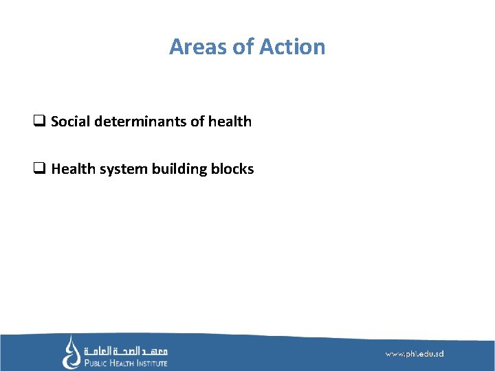 Areas of Action q Social determinants of health q Health system building blocks 