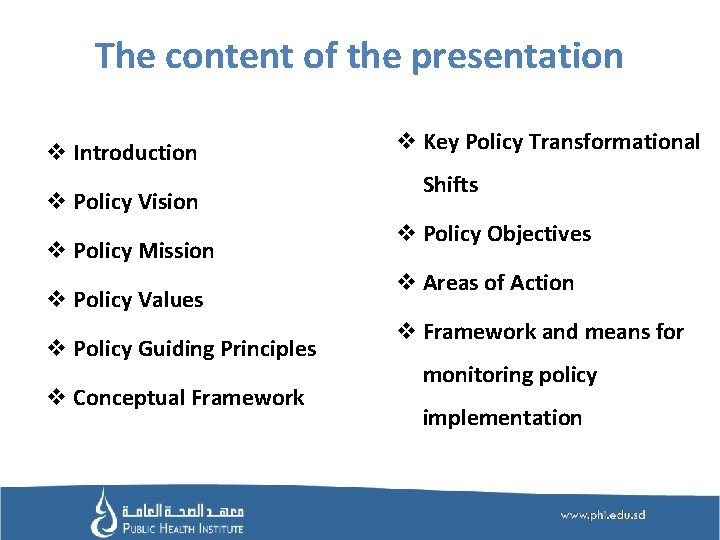 The content of the presentation v Introduction v Policy Vision v Policy Mission v