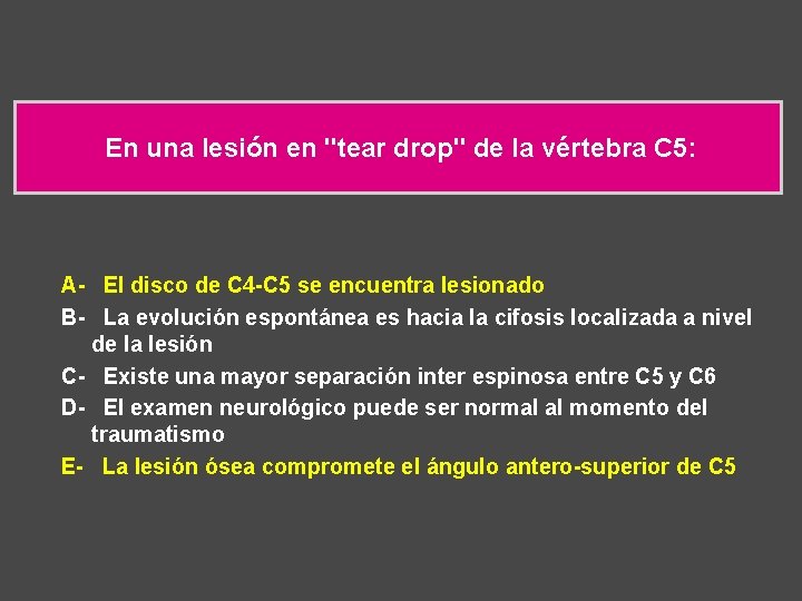 En una lesión en "tear drop" de la vértebra C 5: A- El disco