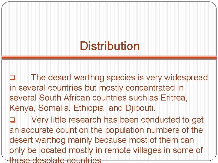 Distribution The desert warthog species is very widespread in several countries but mostly concentrated