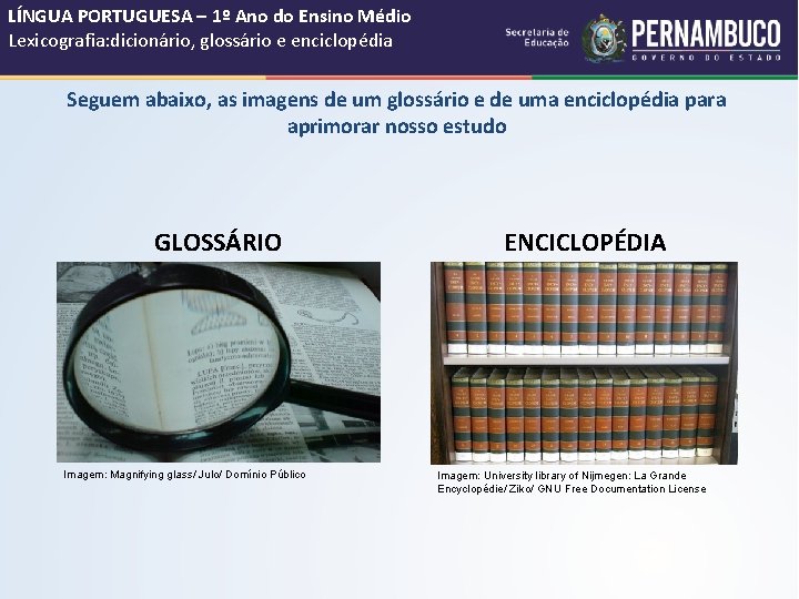 LÍNGUA PORTUGUESA – 1º Ano do Ensino Médio Lexicografia: dicionário, glossário e enciclopédia Seguem