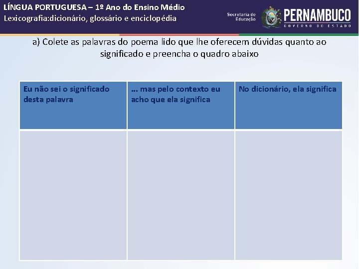 LÍNGUA PORTUGUESA – 1º Ano do Ensino Médio Lexicografia: dicionário, glossário e enciclopédia a)